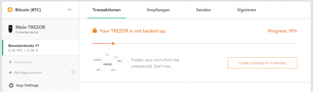 TREZOR One Progress 10 Backup