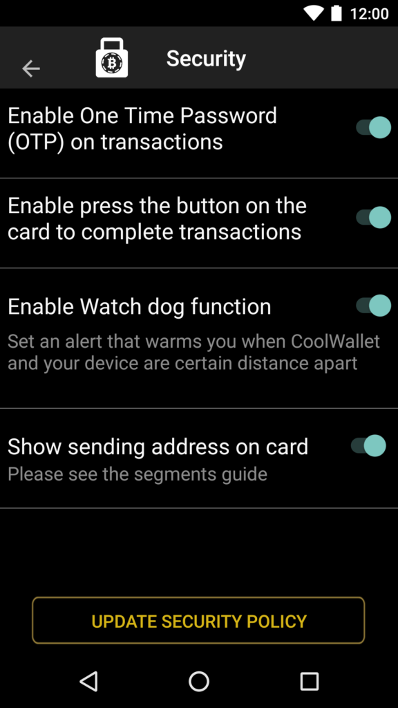 CooLWallet Sicherheitseinstellungen