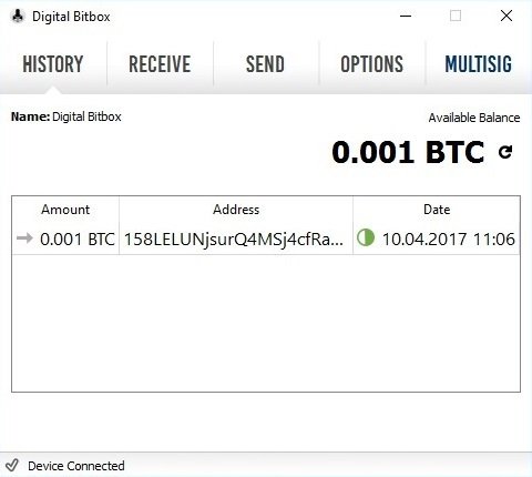 Digital Bitbox Bitcoins erhalten abgeschlossen