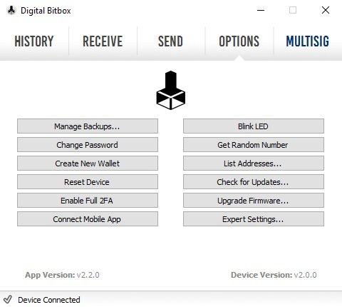 Digital Bitbox Optionen