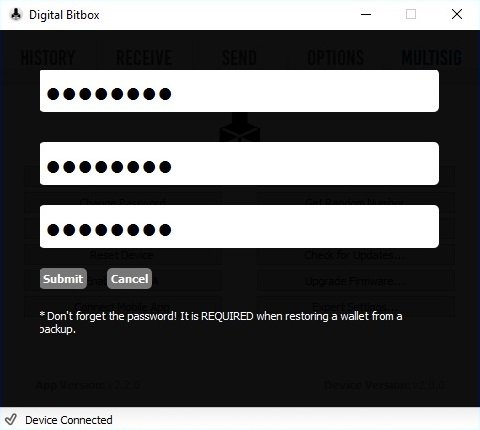 Digital Bitbox Passwort ändern submit