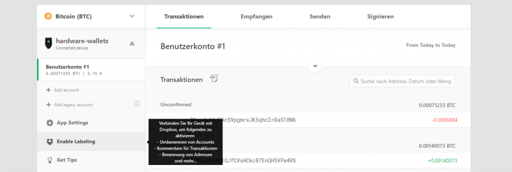 TREZOR Model T Labeling aktivieren start