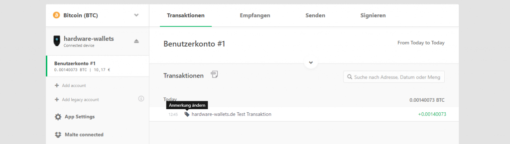 TREZOR Model T Transaktionen labeln
